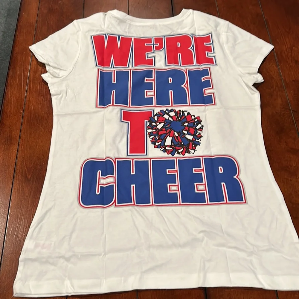 NWT Justice We’re Here To Cheer White Glitter Cheerleading Top Size 18